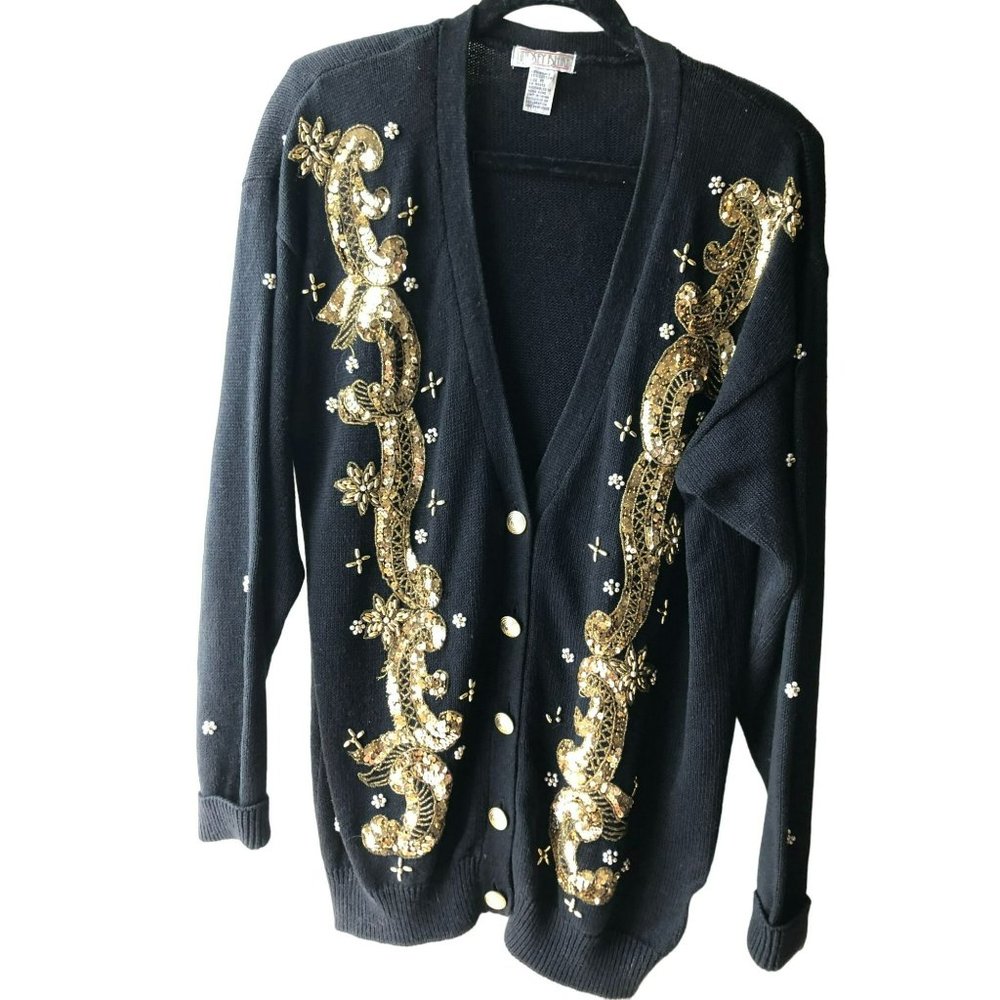 Vintage Lindsey Blake Sequined Cotton Black & Gold Sweater Sz M